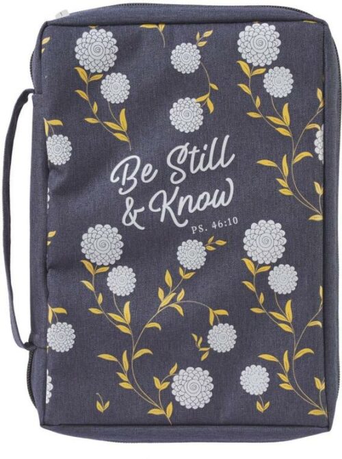 1220000131705 Be Still and Know Psalm 46:10 Floral Navy Blue Canvas Bible Cover for Women Larg